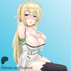 1girl absurdres anime_coloring aria_(beheneko) blonde_hair blue_eyes blush breasts cleavage elf highres non-web_source pantyhose pointy_ears s-rank_monster_no_&quot;behemoth&quot;_dakedo_neko_to_machigawarete_elf_musume_no_pet_toshite_kurashitemasu