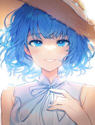 1girl backlighting bad_id bad_pixiv_id bare_shoulders blue_eyes blue_hair blush breasts colorful_festival_(project_sekai) dress hand_on_own_chest hand_up hat highres kiritani_haruka lens_flare looking_at_viewer medium_hair official_alternate_costume official_alternate_hairstyle panprika project_sekai ribbon sidelocks small_breasts smile solo straw_hat sun_hat sundress teeth upper_body white_dress white_ribbon
