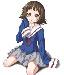 Rule 34 | 1girl, arm at side, black socks, blue shirt, blush, brown eyes, brown hair, commentary request, full body, grey skirt, hand up, heikichi, kneehighs, light blush, looking at viewer, medium hair, mikakunin de shinkoukei, miniskirt, mitsumine mashiro, open mouth, pleated skirt, red ribbon, ribbon, sailor collar, sanpaku, school uniform, serafuku, shirt, sitting, skirt, sleeves past fingers, sleeves past wrists, socks, solo, spiked hair, wariza, white sailor collar