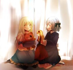 2girls asahi_rise bang_dream! bang_dream!_it&#039;s_mygo!!!!! black_pantyhose blue_dress blue_hair blush bow closed_eyes closed_mouth commentary_request doll dress green_bow green_hair hair_bow long_hair multiple_girls open_mouth pantyhose short_hair smile socks stuffed_animal stuffed_toy teddy_bear togawa_sakiko wakaba_mutsumi white_socks yellow_eyes