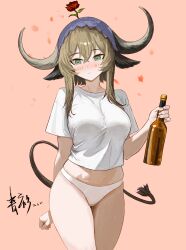1girl absurdres arknights black_tail blush bottle breasts brown_hair chinese_commentary closed_mouth commentary_request cowboy_shot dated drink flower flower_on_head glass_bottle green_eyes grey_horns hair_between_eyes highres holding holding_bottle holding_drink horns looking_at_viewer medium_breasts medium_hair mixed-language_commentary no_pants pallas_(arknights) panties pink_background red_flower red_rose rose shirt short_sleeves simple_background solo standing sui_wo_qing_shan_qu t-shirt tail underwear variant_set white_panties white_shirt