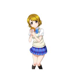 Rule 34 | 1girl, black socks, blue bow, blue bowtie, blue skirt, blush, bow, bowtie, brown hair, brown sweater vest, closed mouth, collared shirt, diagonal-striped bow, diagonal-striped bowtie, diagonal-striped clothes, feet out of frame, food, hands up, holding, holding food, kneehighs, knees together feet apart, koizumi hanayo, looking at viewer, love live!, love live! school idol festival, love live! school idol project, miniskirt, official art, otonokizaka school uniform, pigeon-toed, plaid clothes, plaid skirt, pleated skirt, purple eyes, school uniform, shirt, short hair, short sleeves, skirt, smile, socks, solo, standing, striped clothes, summer uniform, sweater vest, transparent background, waffle, white shirt