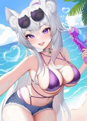 1girl animal_ear_fluff animal_ears bare_shoulders beach bell bikini bikini_under_shorts blue_sky blush breasts bubble cat-shaped_eyewear cat_ears choker cleavage cloud collarbone commentary commission crossed_bangs cutoffs day denim denim_shorts english_commentary eyewear_on_head fang hair_between_eyes hand_up heart_bubbles highres holding holding_water_gun hoshimurii indie_virtual_youtuber jingle_bell large_breasts long_hair micro_shorts navel nyx_nekota o-ring o-ring_bikini ocean open_mouth outdoors palm_tree ponytail purple_bikini purple_eyes shorts sidelocks skindentation sky smile standing stomach sunglasses swimsuit thighs tree very_long_hair virtual_youtuber water_gun wet white_choker white_hair