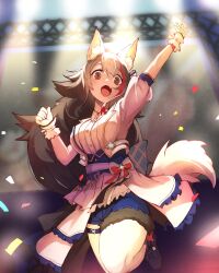 1girl animal_ears arm_up back_bow black_hair blue_shorts bow breasts confetti corset dancing fang flipped_hair foreshortening gloves highres hololive hololive_idol_uniform_(bright) idol idol_clothes jacket large_bow large_breasts layered_skirt multicolored_hair official_alternate_costume ookami_mio open_mouth overskirt parted_bangs red_hair sash shirt short-sleeved_jacket short_sleeves shorts sidelocks skin_fang skirt solo spiked_hair stage standing standing_on_one_leg streaked_hair sue_(bg-bros) tail tail_around_own_leg tail_wrap thick_thighs thigh_strap thighs underbust virtual_youtuber waist_bow white_gloves white_jacket white_overskirt white_shirt wolf_ears wolf_girl wolf_tail wrist_cuffs