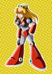 1girl ;) armor armored_boots armored_gloves artist_name bikini_armor blonde_hair blue_eyes boots breasts closed_mouth commentary commission english_commentary full_body green_ribbon hair_ribbon hairband hand_on_own_hip hand_on_own_leg headphones highres hyper_roll_(marvel_vs._capcom) joints knee_boots large_breasts long_hair looking_at_viewer marvel_vs._capcom mechanical_arms mechanical_boots mechanical_legs mega_man_(classic) mega_man_(series) one_eye_closed polka_dot polka_dot_background ponytail radio_antenna red_armor ribbon robot robot_girl robot_joints rockmangurlx roll_(mega_man) shoulder_armor sidelocks smile solo standing yellow_background