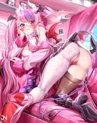 1girl ahoge ass asymmetrical_legwear black_boots black_nails black_thighhighs boots breasts bubi_(ironmouse) choker closed_mouth demon_girl demon_horns demon_tail demon_wings hair_ornament head_rest head_wings heart heart_ahoge heart_choker heart_hair_ornament heart_print heterochromia high_heels highres horns ironmouse ironmouse_(demon_form) jacket jnstudio large_breasts long_hair looking_at_viewer multicolored_hair multiple_wings nail_polish o-ring o-ring_choker panties pantyhose pink_choker pink_hair pink_jacket pink_panties pink_shirt pink_shoes platform_boots platform_heels pointy_ears purple_hair shirt shoes smile streaked_hair tail thighhighs twintails underwear very_long_hair virtual_youtuber vshojo white_pantyhose wings
