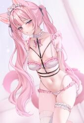 1girl :o acedia animal_ears antenna_hair artist_name belt black_belt black_ribbon blush bow bra breasts chest_harness choker collarbone commentary english_commentary frilled_choker frilled_thigh_strap frills hair_ribbon hakui_koyori harness heart heart_o-ring highres hololive large_breasts long_hair maid_headdress navel o-ring o-ring_harness open_mouth panties patreon_username pink_bow pink_hair purple_eyes ribbon single_thighhigh solo stomach tail thigh_strap thighhighs thighs twintails twitter_username underwear virtual_youtuber white_bra white_choker white_panties white_thighhighs wolf_ears wolf_girl wolf_tail