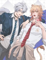 Rule 34 | 2boys, absurdres, alternate costume, animal ear fluff, animal ears, antenna hair, arm on another&#039;s shoulder, black choker, blonde hair, blue eyes, blue jacket, blue necktie, braid, choker, clothes around waist, collared shirt, commentary, dog boy, dog ears, dog tail, donburi rn, drink, facial tattoo, gradient hair, grey pants, hair between eyes, hand on own hip, highres, holding, holding drink, honkai: star rail, honkai (series), jacket, lion boy, lion ears, lion tail, loose necktie, male focus, medium hair, multicolored hair, multiple boys, mydei (honkai: star rail), necktie, open clothes, open jacket, open mouth, pants, phainon (honkai: star rail), red hair, red necktie, red tattoo, school uniform, shirt, short hair, side braid, symbol-only commentary, tail, tattoo, white hair, white shirt, yellow eyes