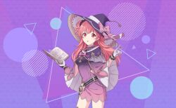 1girl :o book bow breasts cape cast_spell_on_you_(project_sekai) circle colorful_palette dress game_cg hat hat_bow long_hair looking_at_viewer momoi_airi official_art open_book open_mouth pink_bow pink_eyes pink_hair project_sekai purple_background purple_cape purple_dress purple_hat solo striped_bow third-party_source triangle witch_hat