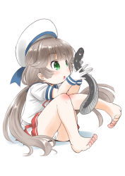 1girl absurdres barefoot blue_sailor_collar commentary_request eel full_body gloves green_eyes grey_hair hat highres hip_vent kantai_collection long_hair low_twintails mikura_(kancolle) one-hour_drawing_challenge panties pantyshot pleated_skirt puffy_short_sleeves puffy_sleeves red_skirt sailor_collar sailor_hat sailor_shirt shirt short_sleeves simple_background sitting skirt solo taisinkoku twintails underwear white_background white_gloves white_hat white_panties white_shirt