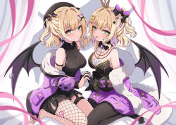 2girls :o bare_shoulders beret black_bow black_gloves black_hat black_pantyhose black_shirt black_shorts black_sleeves blonde_hair bow breasts commentary crop_top crown demon_wings detached_sleeves dual_persona ear_piercing fishnet_pantyhose fishnets flower frilled_skirt frills gloves green_eyes hair_bow hair_ornament hairclip hat heart heart_hair_ornament highres holding_hands interlocked_fingers kurumi_noah long_sleeves medium_breasts mini_crown multicolored_hair multiple_girls no_shoes one_side_up pantyhose parted_lips piercing pink_bow pink_flower pointy_ears puffy_long_sleeves puffy_sleeves purple_flower purple_hair purple_skirt purple_wings seiza shirt short_shorts shorts single_leg_pantyhose sitting skirt smile synn032 tongue tongue_out two-tone_hair virtual_youtuber vspo! white_flower wings x_hair_ornament yellow_bow