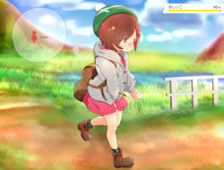 Rule 34 | 1girl, 22m, backpack, bag, beret, between legs, blue sky, blush, brown eyes, brown hair, brown shoes, cardigan, closed mouth, cloud, day, dress, embarrassed, english text, female focus, fence, flat chest, from side, gloria (pokemon), grass, green hat, green socks, grey cardigan, hand between legs, hat, have to pee, highres, japanese text, leg up, long sleeves, matching hair/eyes, nintendo, nose blush, outdoors, pink dress, plaid clothes, plaid legwear, pokemon, pokemon swsh, shoes, short hair, sideways mouth, sky, socks, solo, speech bubble, standing, standing on one leg, tears, thought bubble, translated, urine meter, walking, wavy mouth