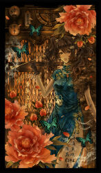 1girl absurdres black_gloves blue_butterfly blue_dress body_writing breasts brown_eyes brown_hair bug butterfly china_dress chinese_clothes commentary_request cup door dress elevator elevator_door flower gem gloves highres insect jewelry lamp leg_tattoo long_hair maruyamaboukyo medium_breasts necklace open_mouth original pankou pearl_necklace peony_(flower) red_gemstone scenery sign smoke smoking_pipe solo tassel tattoo teacup teapot teeth twintails upper_teeth_only window