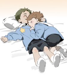 2boys aged_down arm_around_shoulder black_shorts blue_shirt blush chinese_commentary closed_eyes commentary_request fandangyu haikyuu!! head_on_another&#039;s_chest highres kindergarten_uniform long_sleeves lying male_focus multiple_boys oikawa_tooru_(haikyuu!!) on_back on_side pillow shirt shorts sleeping socks thumb_sucking ushijima_wakatoshi white_socks