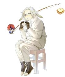 2boys ahoge animal_ears aotsuki_eito black_gloves black_hair black_shoes blue_eyes chibi eyelashes fishing_rod food full_body glasses gloves goat_boy goat_ears highres holding holding_fishing_rod jacket long_sleeves male_focus messy_hair multicolored_eyes multicolored_hair multicolored_shirt multiple_boys open_mouth pants parted_hair red_eyes red_hair sandwich shoes simple_background sitting sumino_takumi the_hundred_line_-last_defense_academy- white_hair white_jacket white_pants white_shoes