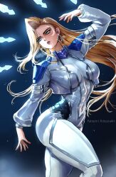 1girl artist_name blonde_hair blue_eyes bodysuit breasts crescent crescent_facial_mark cropped_jacket dagger_(marvel) earrings facial_mark highres jacket jewelry large_breasts long_hair looking_to_the_side marvel marvel_rivals open_clothes open_jacket patreon_username robusta_mania skin_tight solo white_bodysuit white_jacket