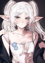 Rule 34 | 1girl, black jacket, blue flower, blush, breasts, choker, closed mouth, collarbone, double-parted bangs, dress, elf, flower, frieren, green eyes, highres, jacket, long hair, looking at viewer, moku (muooku), official alternate costume, open clothes, open jacket, pointy ears, sidelocks, sleeveless, sleeveless dress, small breasts, solo, sousou no frieren, twintails, upper body, white choker, white dress, white hair