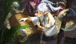 2girls absurdres black_jacket capelet carpet chinese_commentary closed_mouth commentary_request dress earrings elf fern_(sousou_no_frieren) frieren glint grey_eyes grey_hair half-closed_eyes highres indoors jacket jewelry kneeling long_hair long_sleeves making-of_available medium_hair multiple_girls on_floor parted_bangs plant pointy_ears purple_eyes purple_hair smile soap_bubbles sousou_no_frieren staff tianqing_zhaoxue treasure_chest twintails water white_capelet white_dress