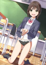 Rule 34 | 1girl, absurdres, black panties, black socks, blazer, board eraser, bow, bowtie, brown eyes, brown hair, chair, chalkboard, collared shirt, commentary request, commission, day, desk, diagonal-striped bow, diagonal-striped bowtie, diagonal-striped clothes, dress shirt, dutch angle, embarrassed, full body, grey jacket, grey skirt, highres, indoors, jacket, kneeling, light blush, long sleeves, looking at viewer, multicolored panties, negimiso1989, no pants, no shoes, open clothes, open jacket, open mouth, original, own hands together, panties, pink bow, pink bowtie, pixiv commission, pleated skirt, polka dot, polka dot panties, raised inner eyebrows, school chair, school desk, school uniform, shadow, shirt, short hair, skirt, socks, solo, striped clothes, sunlight, underwear, unworn skirt, variant set, white panties, white shirt
