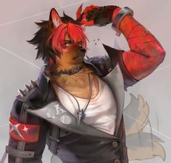 1boy absurdres animal_ears bandaged_arm bandages black_choker black_jacket blush choker collar cotton_(cotton_birb) furrification furry furry_male highres jacket jewelry komano_manato leather leather_jacket multicolored_hair muscular muscular_male necklace red_eyes scar shirt snout solo tail white_shirt zenless_zone_zero