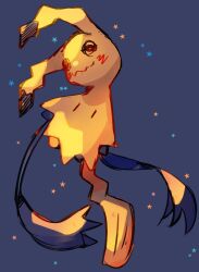 animal_focus blue_background colored_skin commentary_request gen_7_pokemon highres lxipceluceos5r6 mimikyu nintendo no_humans pokemon pokemon_(creature) simple_background solid_oval_eyes star_(symbol) tail wavy_mouth yellow_skin