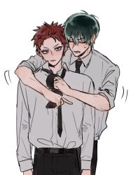Rule 34 | 2boys, :/, aqua hair, arm around shoulder, arms at sides, belt, black pants, closed eyes, collared shirt, cowboy shot, dress pants, expressionless, front-to-back, frustrated, hair between eyes, harai kuko, hypnosis mic, light blush, long sleeves, looking at viewer, male focus, motion lines, multiple boys, nurude sasara, pants, popped collar, red hair, scowl, shirt, shirt tucked in, short hair, simple background, sleeves rolled up, spiked hair, sweatdrop, tying necktie, v-shaped eyebrows, white background, white shirt, zy (dondokodo-mu)