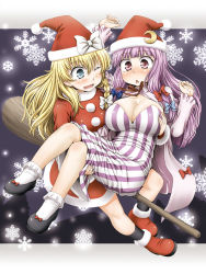 2girls aru_ra_une blonde_hair blue_eyes blush boots braid breasts broom broom_riding carrying crescent crescent_moon female_focus hat highres kirisame_marisa large_breasts long_hair moon multiple_girls patchouli_knowledge princess_carry purple_eyes purple_hair santa_boots santa_costume santa_hat touhou