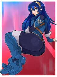 1girl absurdres armor ass belt blue_boots blue_eyes blue_hair blue_tunic boots cloak fingerless_gloves fire_emblem fire_emblem_awakening gloves gradient_background highres huge_ass long_hair looking_at_viewer lucina_(fire_emblem) lying nintendo on_floor on_side pants pepperoni-ravioli pink_background red_background ribbed_sleeves shirt shoulder_armor sleeveless sleeveless_shirt smile thigh_boots thighs tiara tight_clothes tight_pants tunic wrist_cuffs