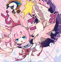 Rule 34 | 2girls, :d, absurdres, arzuros, ass, black socks, blue eyes, blue shoes, blue skirt, blush, chibi, chibi only, commentary request, hair ribbon, highres, leg up, long hair, milkpanda, mizutsune, monster hunter (series), multiple girls, no shoes, one-piece swimsuit, open mouth, outline, panties, personification, pink background, pink hair, red ribbon, ribbon, ribbon-trimmed thighhighs, ribbon trim, shoes, skirt, smile, socks, splashing, swimsuit, thick eyebrows, thighhighs, translation request, underwear, white one-piece swimsuit, white outline, white panties, white thighhighs