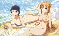 10s 2girls aqua_eyes aqua_hair arm_support ass asuna_(sao) barefoot beach breasts completely_nude feet highres ig kirigaya_suguha large_breasts long_hair looking_at_viewer lying medium_breasts multiple_girls nipples nude nude_filter nudist nudist_beach on_stomach sand smile sword_art_online third-party_edit toes zenra