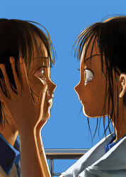 2girls backlighting blue_sky brown_eyes brown_hair cheek_squash closed_mouth commentary_request crying crying_with_eyes_open day eye_contact face-to-face from_side hands_on_another&#039;s_face highres looking_at_another lucarios multiple_girls open_mouth original profile railing runny_nose shirt short_hair sky snot streaming_tears tears upper_body white_shirt