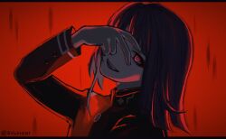 1boy :d commentary english_commentary fang gakuran highres letterboxed looking_at_viewer male_focus medium_hair one_eye_covered open_mouth portrait purple_hair red_eyes red_theme school_uniform smile solo sylvioki the_hundred_line_-last_defense_academy- tsukumo_ima twitter_username