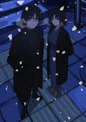 1boy 1girl black_eyes black_hair blue_eyes blue_kimono boots brown_boots egomeshi full_body glasses highres jacket japanese_clothes kara_no_kyoukai kimono kokutou_mikiya open_clothes open_jacket red_jacket ryougi_shiki shadow short_hair snowing winter