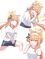 1girl absurdres animal_ear_fluff animal_ears ball blue_archive blue_eyes blush cat_ears flower gym_uniform hair_flower hair_ornament hairband halo highres long_hair mari_(blue_archive) mari_(track)_(blue_archive) multiple_views official_alternate_costume official_alternate_hairstyle orange_hair shirt short_sleeves shorts simple_background sweat volleyball_(object) white_background white_flower white_hairband white_shirt yellow_halo zanila