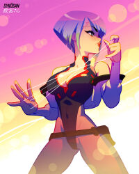 1girl artist_name blue_hair blunt_ends breasts covered_navel cowboy_shot cyberpunk_(series) cyberpunk_edgerunners highres jacket lucy_(cyberpunk) medium_breasts profile short_hair simple_background solo sykosan