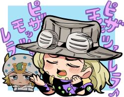 Rule 34 | 2boys, beanie, beard, blonde hair, blue eyes, blush, bridal gauntlets, cheese song (meme), chibi, chibi only, clenched hand, closed eyes, cowboy hat, facial hair, goggles, goggles on headwear, gold teeth, green lips, grey hat, gyro zeppeli, hat, hood, hood down, hoodie, horseshoe hat ornament, horseshoe ornament, johnny joestar, jojo no kimyou na bouken, long hair, looking at another, makeup, male focus, medium hair, meme, motu705, multiple boys, music, open hand, open mouth, purple bridal gauntlets, purple shirt, shirt, singing, star (symbol), star print, steel ball run, translation request, white hat, white hoodie