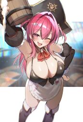 Rule 34 | 1girl, apron, black corset, corset, fang, goddess of victory: nikke, hair ornament, hat, hat ornament, highres, kagerou (gigayasoma), maid apron, mast (nikke), mast (romantic maid) (nikke), official alternate costume, one eye closed, pirate hat, skin fang, skull collar, skull hair ornament, skull hat ornament, solo, white wrist cuffs, wooden cup, wrist cuffs