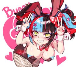 1girl animal_ear_hairband animal_ears bent_over black_hair black_leotard blue_bow blue_eyeshadow blue_hair blue_nails blush bow bowtie breasts bunny_day cleavage detached_collar discat ear_piercing earrings eyeshadow fake_animal_ears fake_tail fate/grand_order fate_(series) fishnet_pantyhose fishnets gold_earrings green_eyes hair_ornament hairband heart highleg highleg_leotard jewelry large_breasts leotard long_hair looking_at_viewer makeup multicolored_hair multicolored_nails pantyhose piercing playboy_bunny rabbit_ear_hairband rabbit_ears rabbit_pose rabbit_tail red_bow red_bowtie red_eyeshadow red_hair red_nails red_ribbon ribbon sei_shounagon_(fate) smile solo strapless strapless_leotard tail twintails white_wrist_cuffs wrist_cuffs yellow_eyes