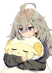 1girl ahoge closed_mouth cushion grey_hair hair_between_eyes hair_ornament hairclip hibi_wa_sugiredo_meshi_umashi higa_tsutsuji highres holding_cushion hood hoodie long_hair mamiyama purple_eyes smile solo white_background