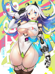 1girl android animal_ears black_gloves blue_eyes bodysuit breasts cat_ears cleavage clothing_cutout commentary english_commentary fake_animal_ears galaxy gloves grey_hair hairband heart heart-shaped_pupils highres joints leotard looking_down original personification prosthesis prosthetic_arm robot_joints satellite space symbol-shaped_pupils thick_thighs thigh_gap thighhighs thighs underboob underboob_cutout white_hair wire wookyung