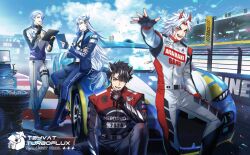 2024 4boys arataki_itto arm_up black_footwear black_gloves black_hair black_jumpsuit blue_bow blue_eyes blue_hair blue_jacket blue_pants blue_sky boots bow brown_eyes car clipboard clothes_writing cloud collared_jacket colored_inner_hair commentary confetti day ear_piercing earrings english_commentary eyeliner facepaint facial_scar fangs finger_to_mouth fingerless_gloves genshin_impact gloves grey_hair hair_between_eyes hair_bow hair_ornament hair_over_shoulder hand_up hands_up holding holding_clipboard horns id_card jacket jewelry jumpsuit kamisato_ayato light_particles long_hair long_sleeves looking_at_another looking_at_viewer low-tied_long_hair makeup male_focus medium_hair melusine_(genshin_impact) motor_vehicle multicolored_hair multicolored_jacket multiple_boys neuvillette_(genshin_impact) on_car oni_horns open_clothes open_jacket open_mouth outdoors pants parted_bangs piercing pointy_ears pouch purple_eyes race_vehicle racecar racing_suit red_hair red_horns scar scar_on_cheek scar_on_face shirt short_hair sitting sitting_on_car sky smile stadium standing sticker streaked_hair stud_earrings teeth thick_eyebrows thigh_pouch thigh_strap tongue toolbox turtleneck two-tone_jacket upper_teeth_only v-shaped_eyebrows very_long_hair wheel white_hair white_jacket white_jumpsuit white_pants white_shirt wriothesley_(genshin_impact) zipper