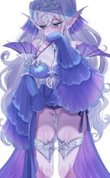 1girl bare_shoulders beads blue_eyes duel_monster embarrassed gluteal_fold grey_hair hair_between_eyes hayupipipipi highres kitkallos_(yu-gi-oh!) long_hair looking_to_the_side pointy_ears simple_background solo sweat tearlaments_kitkallos tears tiara very_long_hair white_background yu-gi-oh!