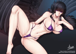 1girl adsouto bikini black_hair black_wings blunt_bangs breasts cleavage dead_or_alive feathered_wings highres hime_cut large_breasts long_hair looking_at_viewer nyotengu purple_bikini purple_eyes smile solo swimsuit wings