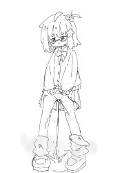 1girl ahoge blush bow bow_panties bowtie cardigan clothes_lift cube_hair_ornament embarrassed hair_ornament loli long_sleeves looking_down loose_socks monochrome nukegara_(pixiv_46266320) original panties panties_around_one_ankle peeing puddle pussy school_uniform shirt shoes short_hair skirt skirt_lift socks standing star_(symbol) star_hair_ornament tears underwear