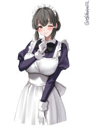 Rule 34 | 1girl, apron, artist name, blush, breasts, closed mouth, commentary request, ebifurya, frilled apron, frills, gloves, grey hair, hair intakes, hair ornament, hand up, highres, index finger raised, juliet sleeves, kantai collection, large breasts, light smile, long sleeves, looking at viewer, maid apron, maid headdress, myoukou (kancolle), one-hour drawing challenge, one eye closed, puffy sleeves, short hair, sidelocks, simple background, smile, solo, twitter username, white background, white gloves