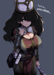1girl bag belt black_bag black_belt breasts brown_hair brown_robe cleavage cleavage_cutout closed_mouth clothing_cutout commentary_request covered_erect_nipples cross dirty dirty_clothes dirty_face fantasy freckles gold_trim green_robe grey_background hair_over_one_eye hand_on_own_chest hat highres hirowa_nagi holding holding_staff large_breasts latin_cross long_hair mitre motion_lines original priestess puritan_collar red_tabard robe satchel simple_background smile solo staff sweatdrop tabard translation_request unkempt vambraces white_bag yellow_eyes
