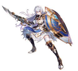 Rule 34 | 1girl, absurdres, armor, armored boots, black armor, black boots, boots, breasts, brown eyes, commentary, dress, english commentary, fighting stance, floating clothes, floating hair, full body, glenwys (king&#039;s raid), gold trim, gunblade, hair intakes, highres, holding, holding shield, holding sword, holding weapon, king&#039;s raid, lagna, leg armor, light frown, long hair, medium breasts, official art, shield, shoulder armor, solo, sword, thighhighs, very long hair, weapon, white dress, white hair, white thighhighs, wind