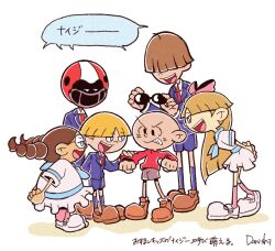 2girls 4boys anger_vein angry bald blonde_hair blue_eyes bow brown_hair brown_shoes codename:_kids_next_door danishi delightful_children_from_down_the_lane dress fat glasses grey_shorts hair_over_eyes hairband helmet long_hair multiple_boys multiple_girls numbuh_1 pink_bow pink_socks red_hairband red_helmet red_sweater sailor_dress school_uniform shoes short_twintails shorts simple_background socks speech_bubble sunglasses sweater tall_male teasing turtleneck turtleneck_sweater twintails white_background white_socks