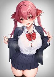 1girl absurdres black_thighhighs blazer blue_jacket blue_skirt blush bow bowtie breast_pocket breasts button_gap collared_shirt commentary crossed_bangs fang fingernails hair_between_eyes hair_ribbon heterochromia highres holika_baby hololive houshou_marine jacket large_breasts long_fingernails long_hair long_sleeves open_clothes open_jacket open_mouth opened_by_self pleated_skirt pocket red_bow red_bowtie red_eyes red_hair red_ribbon ribbon school_uniform shirt shirt_tucked_in simple_background skirt smile solo steaming_body sweatdrop symbol-only_commentary thick_thighs thighhighs thighs twintails virtual_youtuber white_shirt yellow_eyes