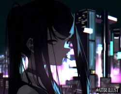1girl ateri_illust backlighting bloom blurry blurry_background city_lights cityscape closed_mouth collared_shirt depth_of_field jill_stingray long_hair looking_at_viewer night outdoors shirt twitter_username va-11_hall-a white_shirt